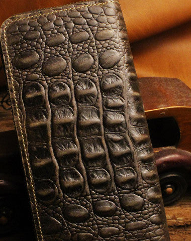 HANDMADE LONG LEATHER WALLET CROCODILE STYLE LEATHER CLUTCH WALLET FOR MEN ZIP