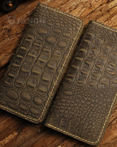 HANDMADE LONG LEATHER WALLET CROCODILE STYLE LEATHER CLUTCH WALLET FOR MEN ZIP