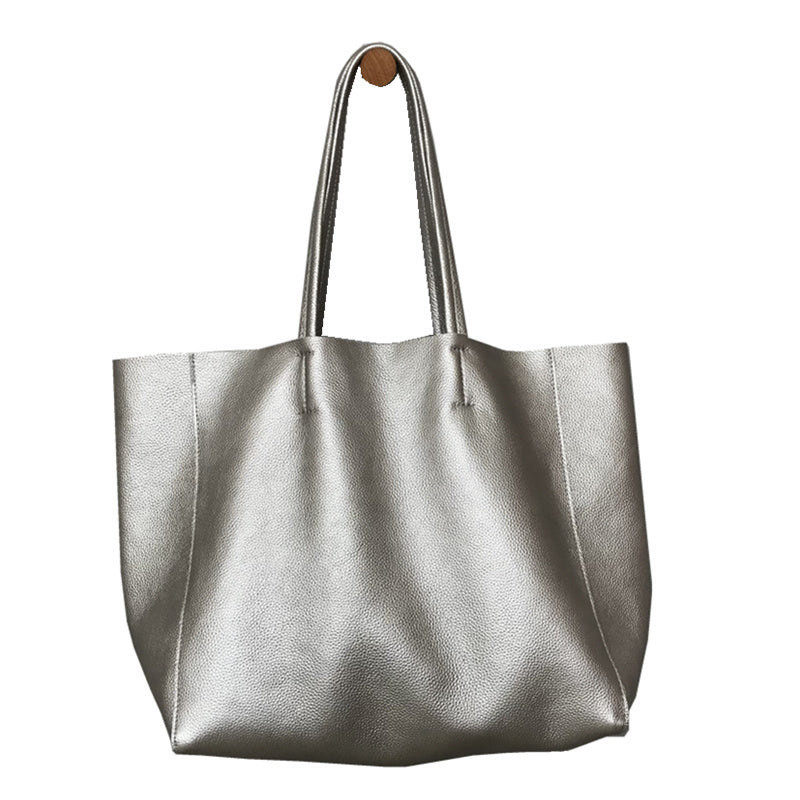 Fashion Womens Silver Leather Oversize Tote Bag Silver Shoulder Tote B