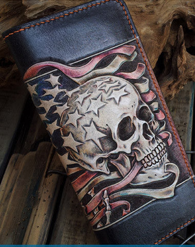Handmade leather Biker trucker long American skull wallet leather men