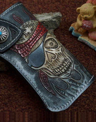 Handmade black leather punk skull carved biker chain wallet Long walle