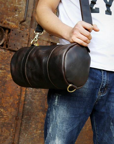 GENUINE LEATHER MENS BUCKET BAG ROUND CIRCLE BAG COOL WEEKENDER BAG TRAVEL BAG DUFFLE BAGS OVERNIGHT BAG HOLDALL BAG FOR MEN