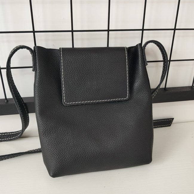 Genuine Black Leather Womens Bucket Brown Side Bag Vertical White Shou