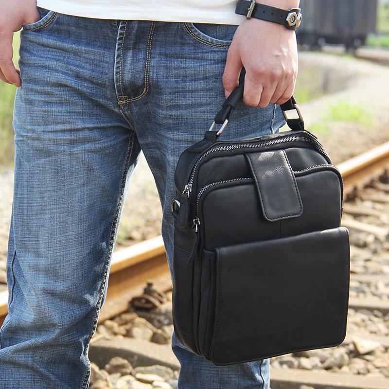 Black Leather Mens Small Shoulder Bag Messenger Bag Crossbody Bag for