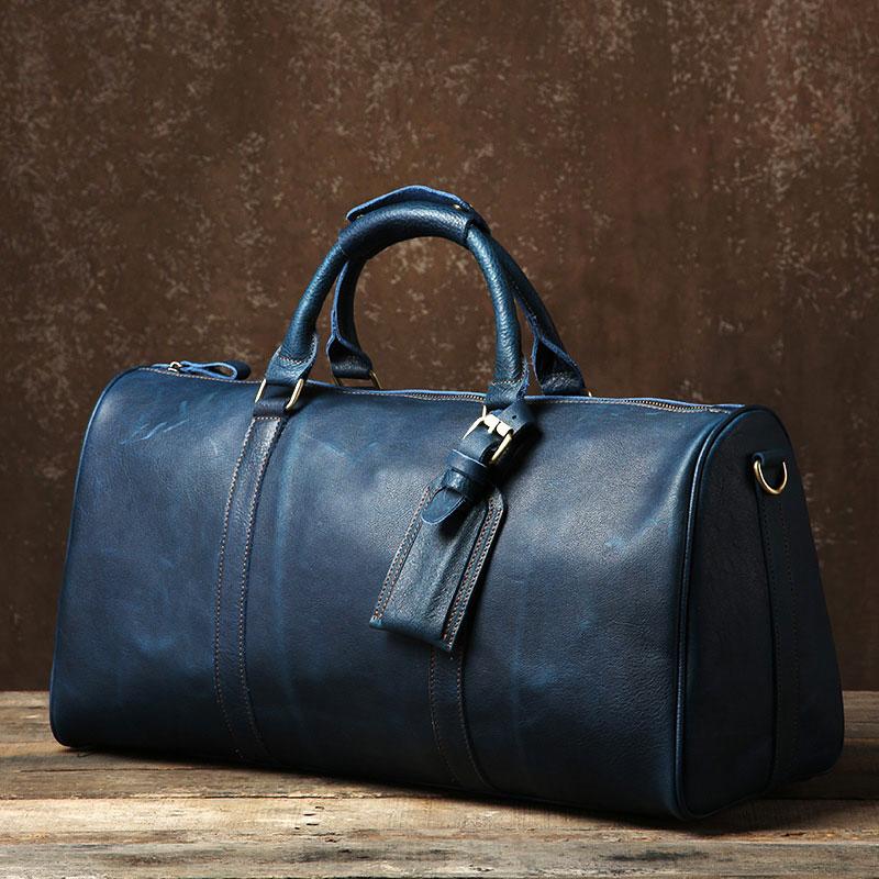 blue travel bag leather