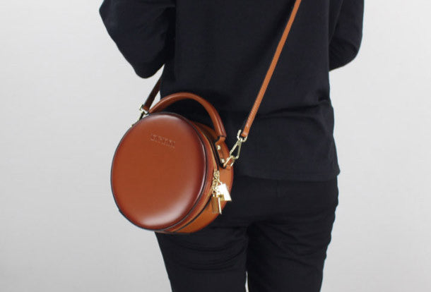 Genuine Leather round bag shoulder bag black for women leather crossbo