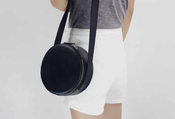 Genuine Leather round bag shoulder bag black for women leather crossbo