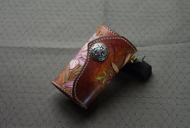 Handmade key wallet leather vintage hand painting lily flower leather