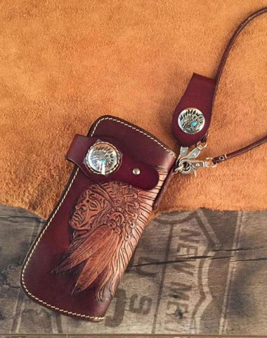 HANDMADE LEATHER TOOLED INDIAN CHIEF MENS CHAIN BIKER WALLET COOL LEATHER WALLET LONG WALLET FOR MEN