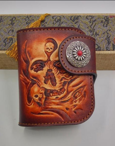 HANDMADE LEATHER TOOLED SKULL PRAJNA MENS CHAIN BIKER WALLET COOL LEATHER WALLET SMALL WALLETS FOR MEN