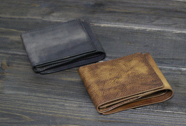 Handmade Men short leather wallet men vintage gray brown card wallet f