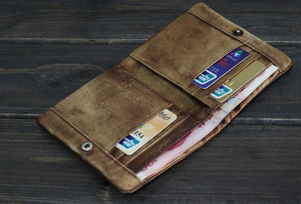 Handmade Men leather small wallet men vintage brown gray short wallet