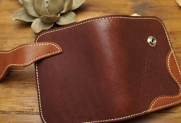 Handmade biker leather wallet with chain coffee red brown billfold wal