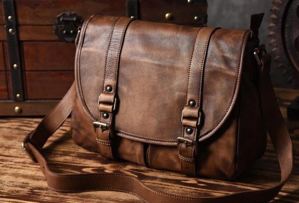 Handmade leather men Briefcase messenger vintage shoulder laptop bag v