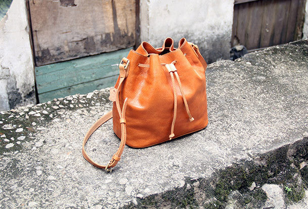 Handmade vintage bucket leather black bag orange shoulder bag crossbod
