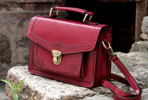 Handmade vintage satchel leather messenger bag white red shoulder bag ...