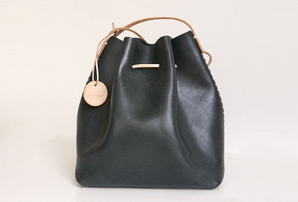 Handmade Womens Black Leather Shoulder Bucket Bags Barrel Purse for Wo