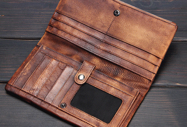 Handmade men long leather wallet clutch men bifold vintage gray brown
