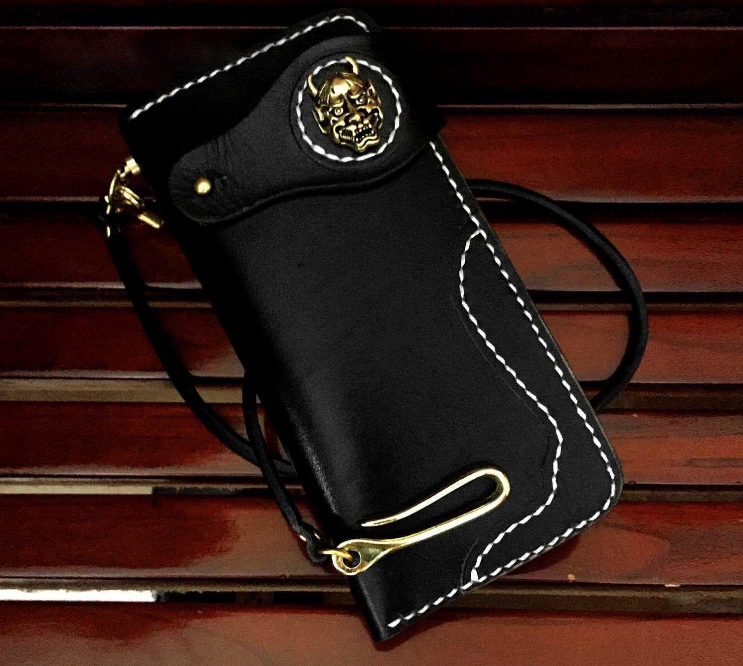 Handmade Black Leather Men&#39;s Long Biker Wallet Chain Wallet Long Biker