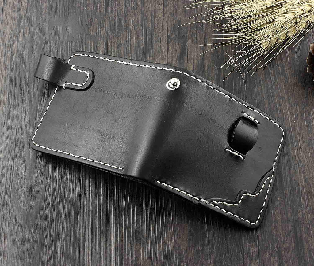 Handmade Black Leather Men&#39;s Small Biker Wallet Chain Wallet Short Wal