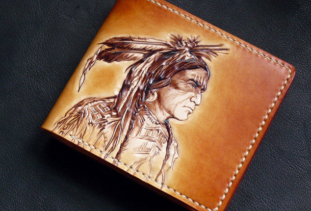 Handmade short leather wallet men indian Chief carved leather short wa