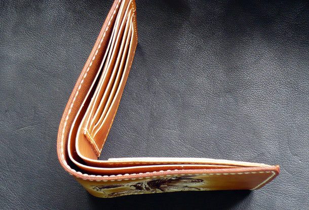 Handmade short leather wallet men indian Chief carved leather short wa
