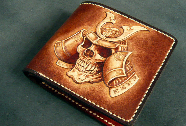 Handmade leather wallet men Japanese general Skull carved leather shor | EverHandmade