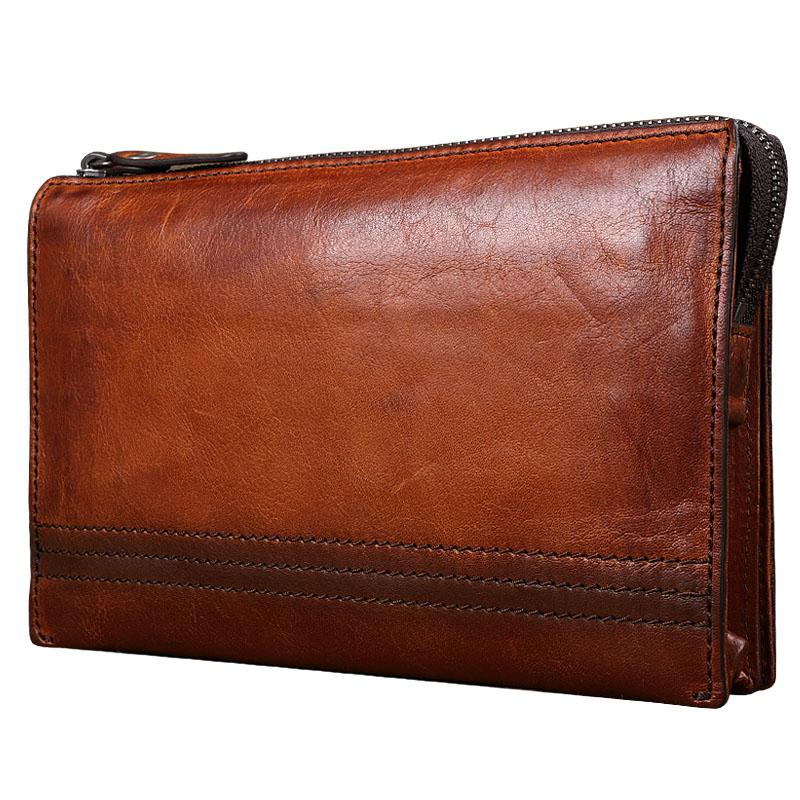 Handmade Brown Leather Mens Long Wallet Wristlet Wallet Brown Zipper C