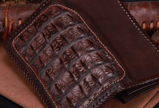 Handmade leather alligator skin long biker trucker wallet leather clut