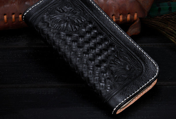 Handmade Tooled Long leather Black floral wallet leather men clutch To