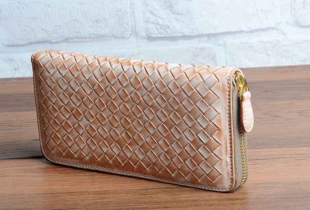 Handmade braided beige leather long wallet purse clutch Zipper men wom