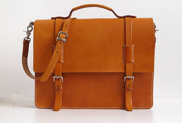 Handmade Leather messenger bag brief yellow brown for men women leathe