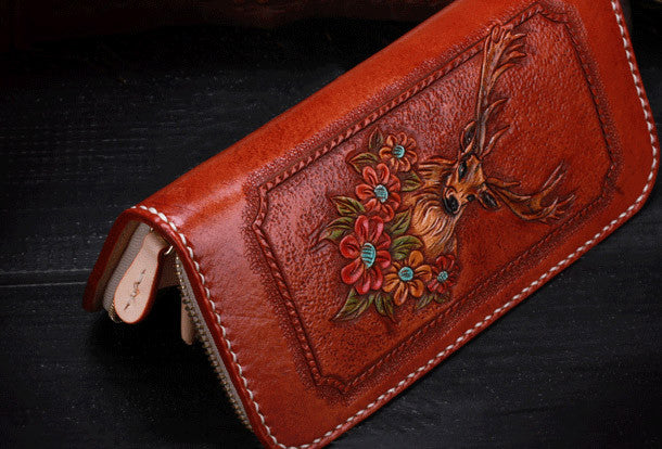 Handmade leather Brown deer wallet leather zip women clutch Tooled wal