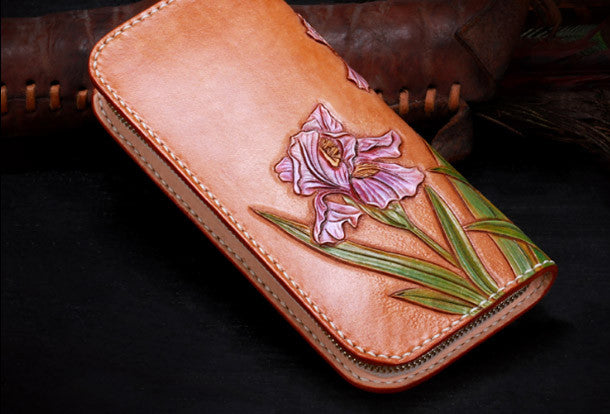 Handmade women leather Brown orchid flower wallet leather zip clutch T
