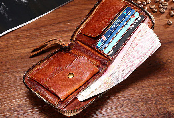 Handmade short leather wallet men zip braided leather short wallet for