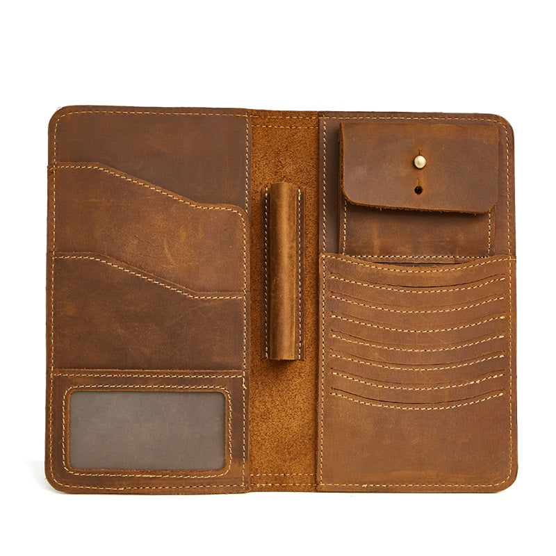 Leather Long Wallet for Men Vintage Bifold Wallet Passport Travel Wall