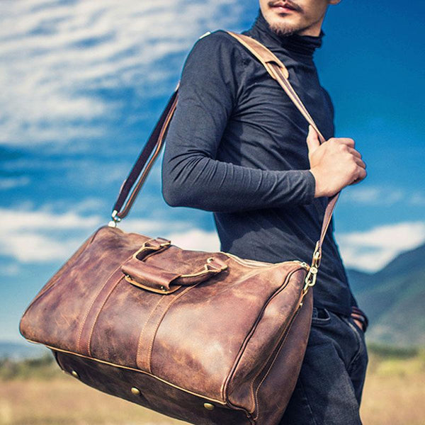 Coffee Leather Mens Cool Large Weekender Bag Travel Bag for Men