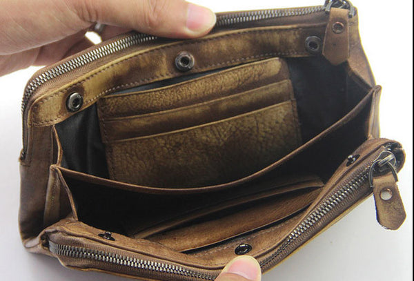 men long leather wallet men bifold zip vintage gray brown long wallet