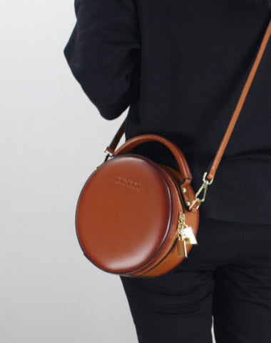 GENUINE LEATHER ROUND BAG SHOULDER BAG BLACK FOR WOMEN LEATHER CROSSBODY BAG