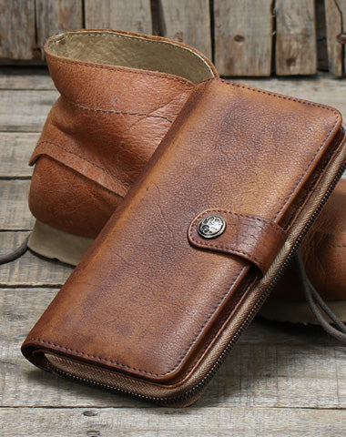 Cool Leather Mens Long Wallets Vintage Brown Bifold Long Wallets for M