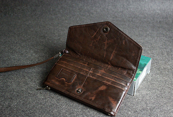 Handmade leather men long wallet clutch black coffee vintage zip clutc