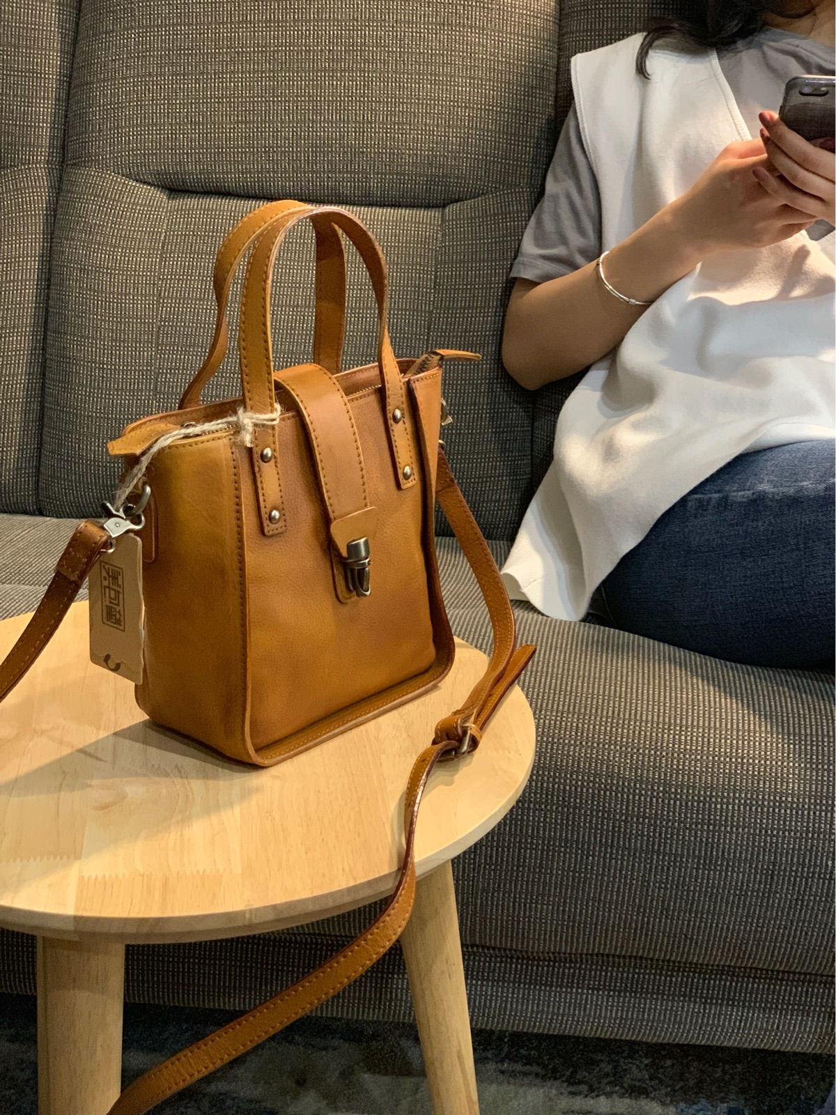 red leather bucket bag