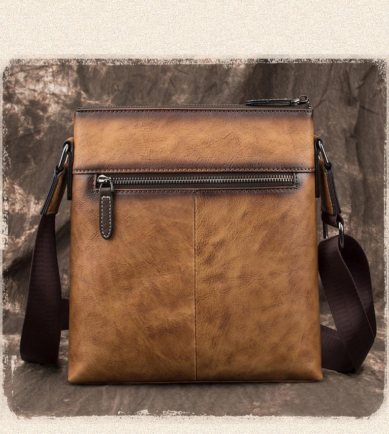 Brown LEATHER MEN'S Small Side bag Square MESSENGER BAG Tan Square Cou