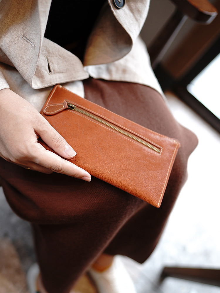 Slim Brown Leather Clutch Wallet Womens Zip Wallets Brown Ladies Zipper Clutch Wallet for Women