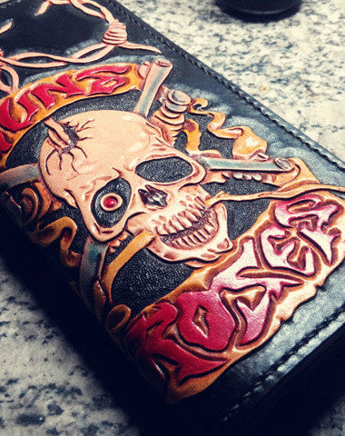 HANDMADE LONG LEATHER WALLET MEN GUNS & ROSES SKULL BLACK TOOLED CARVED LONG WALLET FOR HIM