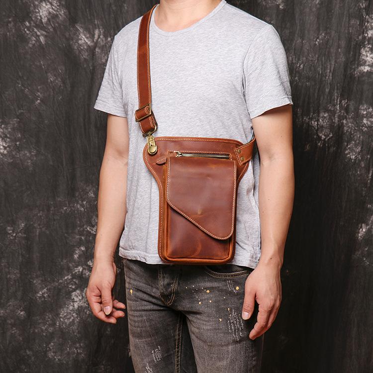 Brown MENS LEATHER FANNY PACK FOR MEN Coffee Drop Leg Bag BUMBAG WAIST