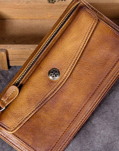 Genuine Leather Wallet Vintage Long Wallet Zip Folded Wallet Purse For