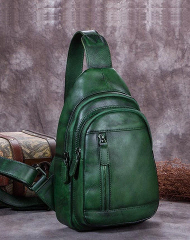 green leather sling bag