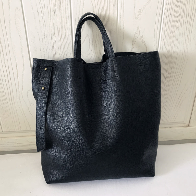 Stylish Black Leather Tote Bag Shoulder Tote Handbag Black Crossbody T