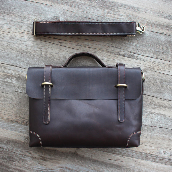 Handmade leather men Briefcase messenger brown coffee shoulder bag vin